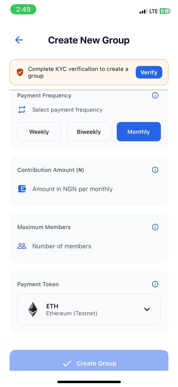 Create group screen in ChopUp